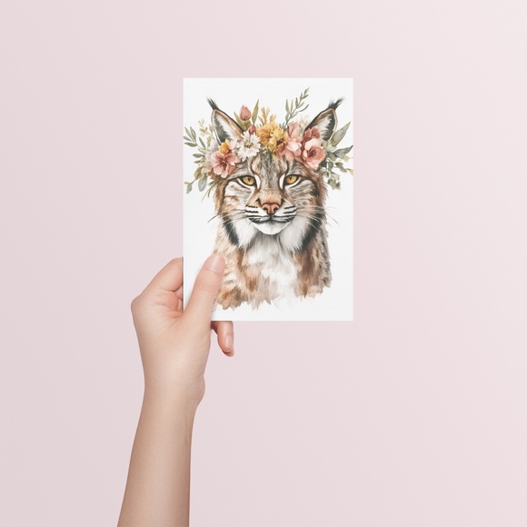 Watercolor Floral Lynx Portrait Wall Art Illustration Print Poster Unframed - Picture 6 of 9